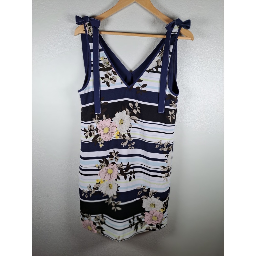 GUESS Los Angeles Floral Striped V-Neck Tie Strap Tank Top Blue White Pink M